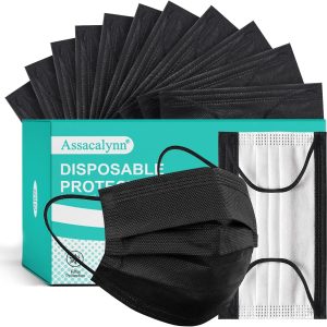 Disposable Mask 4 Layer 2023 Black Mask with White Inside, Breathable Single Use Dust Mask with Wider Soft Earloops for Adult Men Women Box 50 Pack