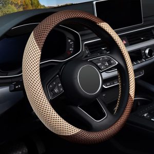KAFEEK Steering Wheel Cover, Universal 15 inch, Microfiber Breathable Ice Silk, Anti-Slip, Odorless, Beige& Brown