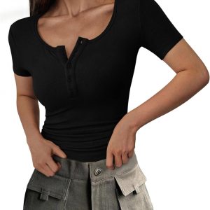 PRETTYGARDEN Women’s 2025 Spring Summer Short Sleeve Tops Ribbed Henley Button Slim Fit Basic Casual T Shirts Blouse Clothing
