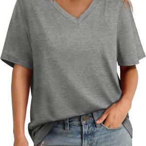 Aokosor Womens V Neck Short Sleeve T Shirts Summer Tops 2025 Casual Loose Tees Trending Now S-4XL