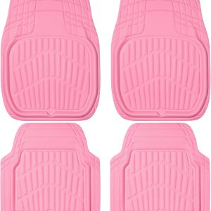 CAR PASS 4 Piece Leather Car Floor Mats -3D Cute Girly Waterproof All Weather Car Mat Full Set, Universal Trim to Fit & Anti-Slip Burr Bottom & Light Easy Clean for SUV Truck Auto Sedan Van(Pink)