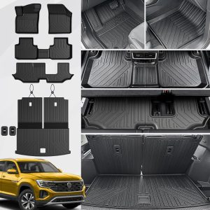 Floor Mats Cargo Mat Set for 2018-2024 2025 Volkswagen VW Atlas 7 Seats Car Mat Accessories(Not Fit Cross Sport), All Weather TPE Cargo Liner Trunk Mat SE SEL(Floor Mats+2-in-1 Cargo Mat)