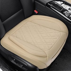 Car Seat Cover Front PU Leather Seat Covers, 2Pcs Universal Bottom Seat Covers for Cars, Anti-Slip, Storage Bags,Full Wrapping Edge Fits 95% of Vehicles(1 Pair, Beige)