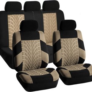 FH Group Car Seat Covers Full Set Premium Cloth – Universal Fit, Automotive, Low Back Front Washable Seat Covers, Airbag Compatible, Split Bench Rear Seat for SUV, Sedan Beige