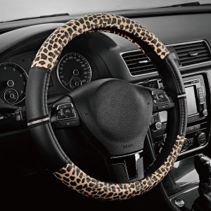 Road Comforts Leopard Steering Wheel Cover – Made with PVC Leather Cheetah Print – Anti-Slip, Universal Fit 14 1/2 inches to 15 inches – Black