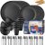 Wheat Straw Dinnerware Sets,64-Piece Black Plates and Bowls Sets for 8-Unbreakable,Reusable Plastic Dish Set-Dinner Plate/Dessert Plate/Cereal Bowl/Cup/Utensils-Microwavable Dishwasher Safe 64P-BLACK
