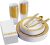FOCUSLINE 175 Ct Gold Dinnerware Set for 25 Guests, White Plastic Plates with Gold Lace Rim Design, Including 25 Disposable Dinner & Dessert Plates, Cups, Napkins, Cutlery Set