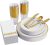 FOCUSLINE 175 Count Gold Dinnerware Set for 25 Guests – Gold Rimmed White Disposable Plastic Plates Heavy Duty, Includes 25 Dinner & Salad Plates, Cups, Cutlery Set for Wedding Parties