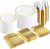 bUCLA 600Pcs Gold Dinnerware Set for 100 Guests – White and Gold Plastic Plates Disposable for party Include 100 Dinner & 100 Dessert Plates,100 Cups,100 Forks,100 Spoons,100 Knives